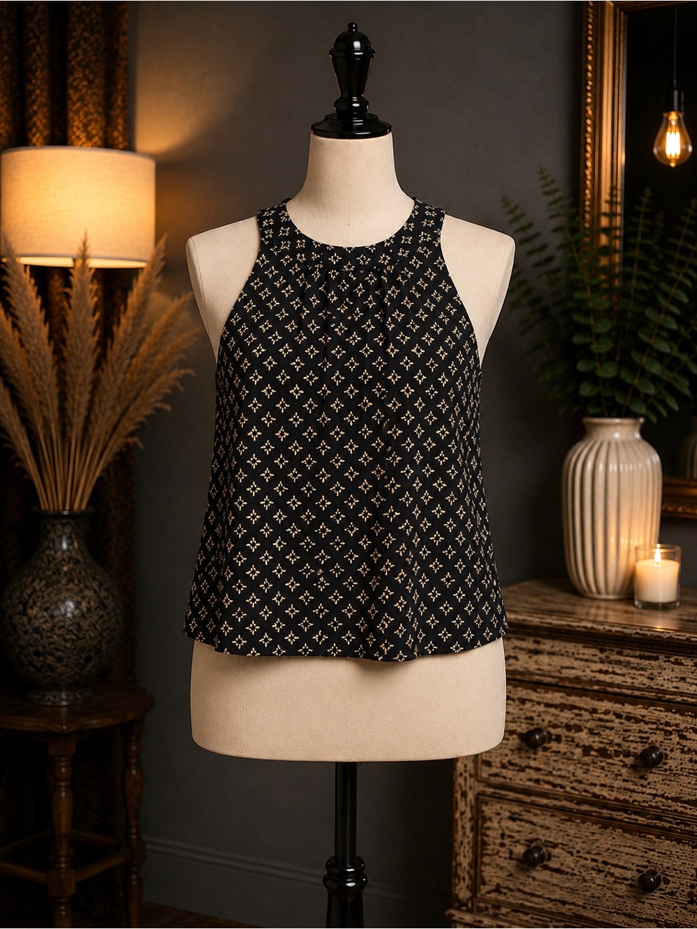 Cynthia Rowley Black Sleeveless Geometric-Print 100% Silk Halter Tank